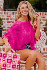 Short -sleeved pink roller -knitting top with scalloped edges