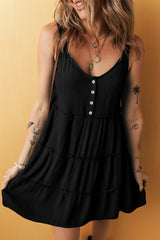 Black Sleeveless Ruffle V-Neck Dress with Buttons