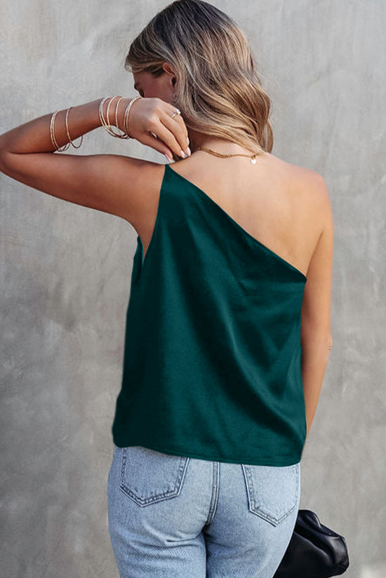 Loose one shoulder tank top in sea green satin