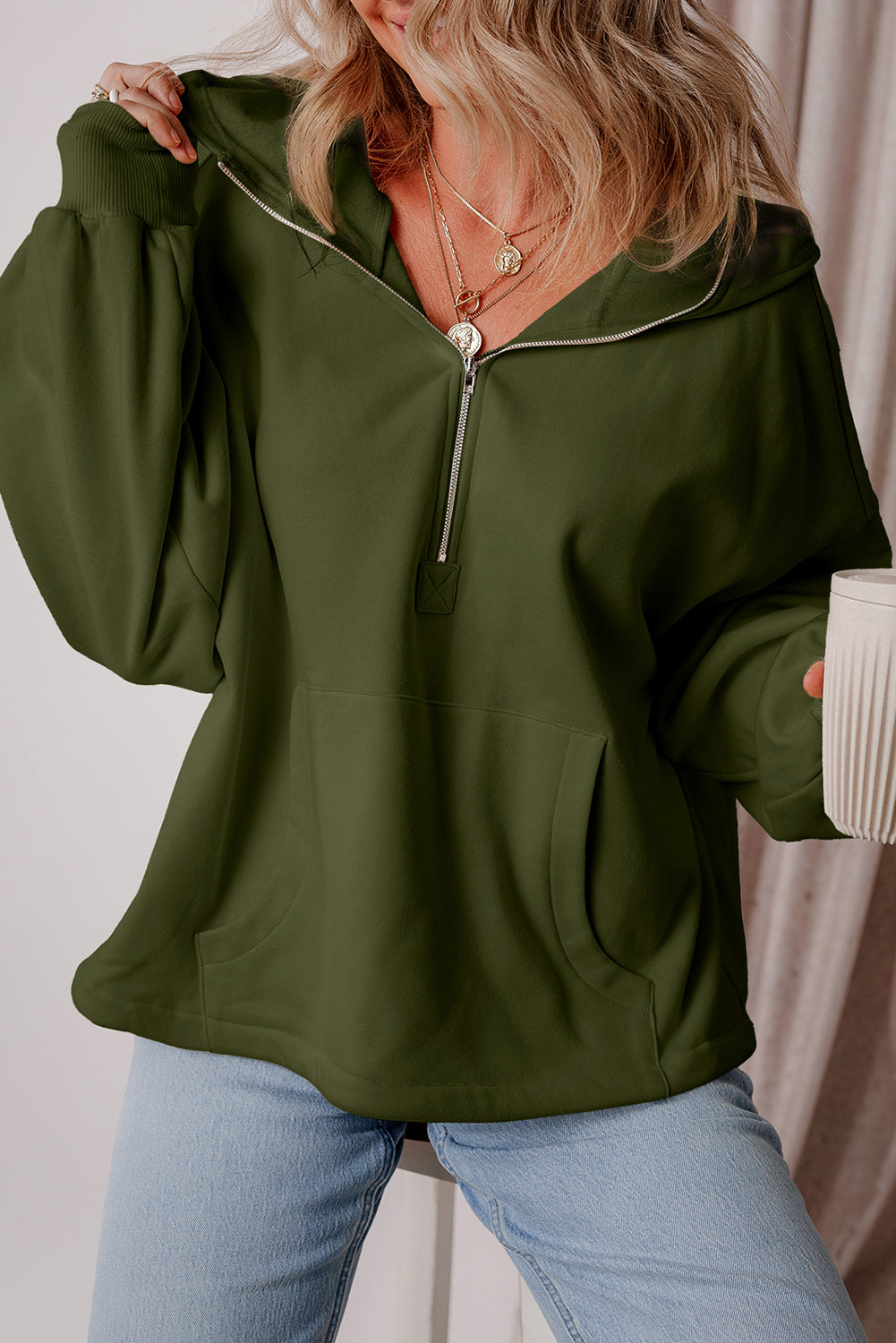 Moss Green Fleece Assegna con cappuccio di cannicaro a mezza cerniera con cappuccio sciolto