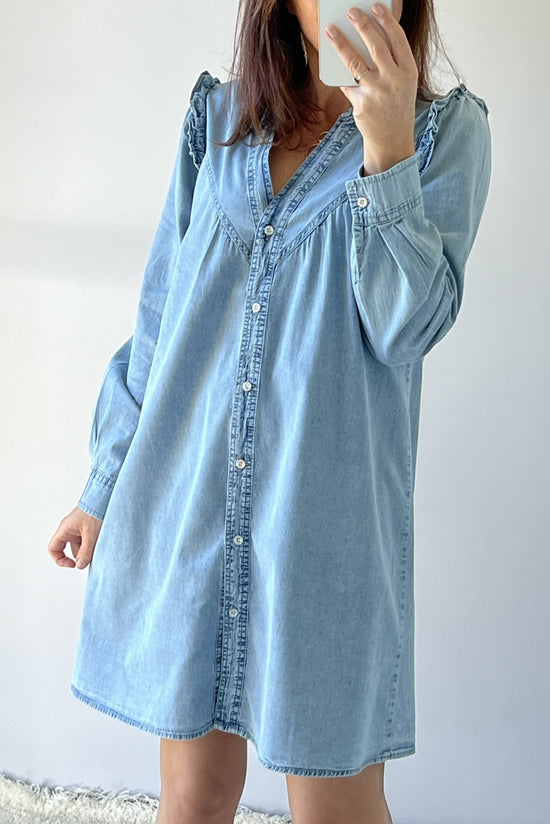 Myosotis - Straight denim dress with buttons, ruffles and V-neck