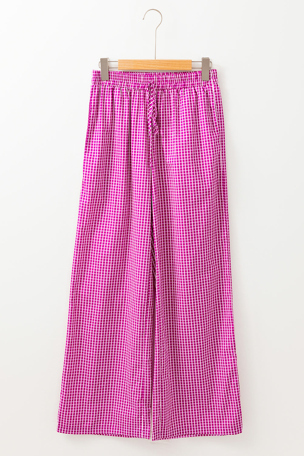 Pink Plaid Printed Drawstring High Waist Wide Leg Casual Pants