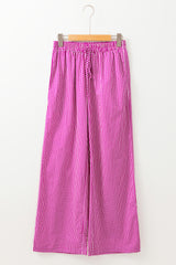 Pink Plaid Printed Drawstring High Waist Wide Leg Casual Pants