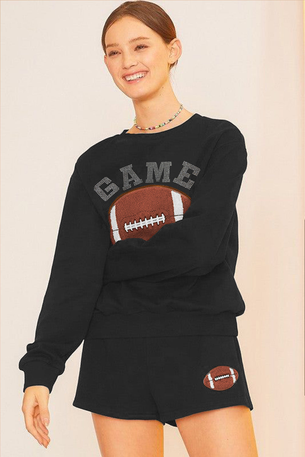 GAME DAY Rugby Football Black Graphic Sweater and Shorts, Casual Outfit