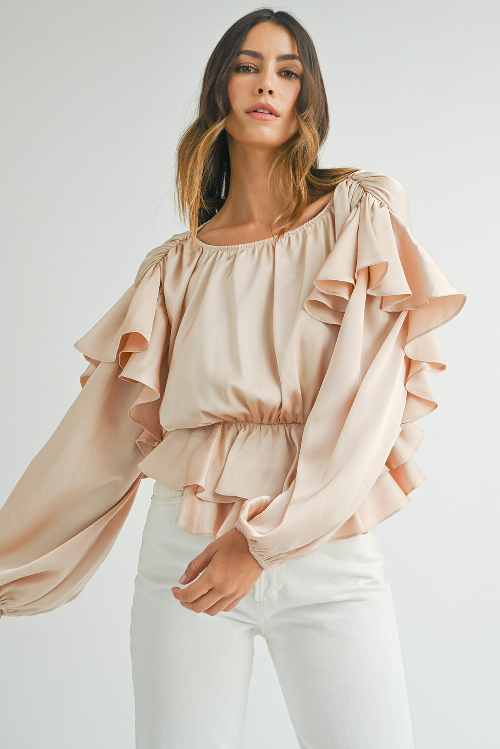 Blouse péplum à volants dans le dos avec trou de serrure à lacets et à l'avoine