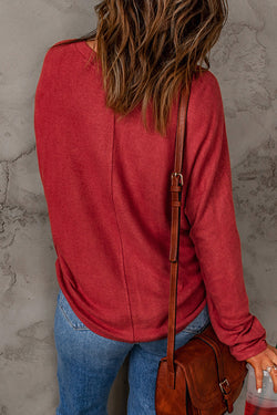 Bright Red Solid Color Patchwork Long Sleeve Top