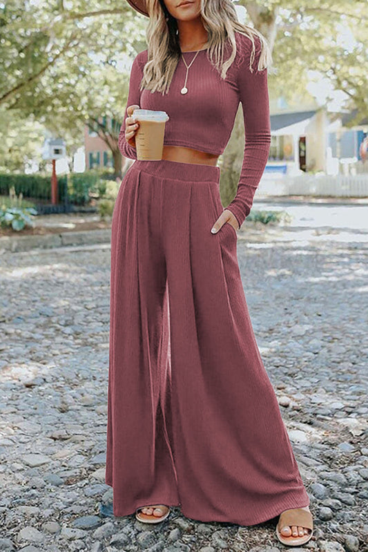 Solid Color Ribbed Crop Top and Long Pants Set