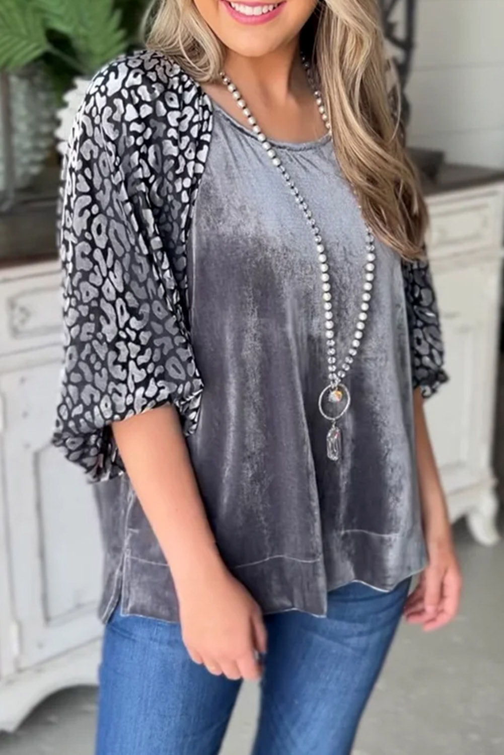 Blouse en velours à manches lanternes épissage léopard gris moyen