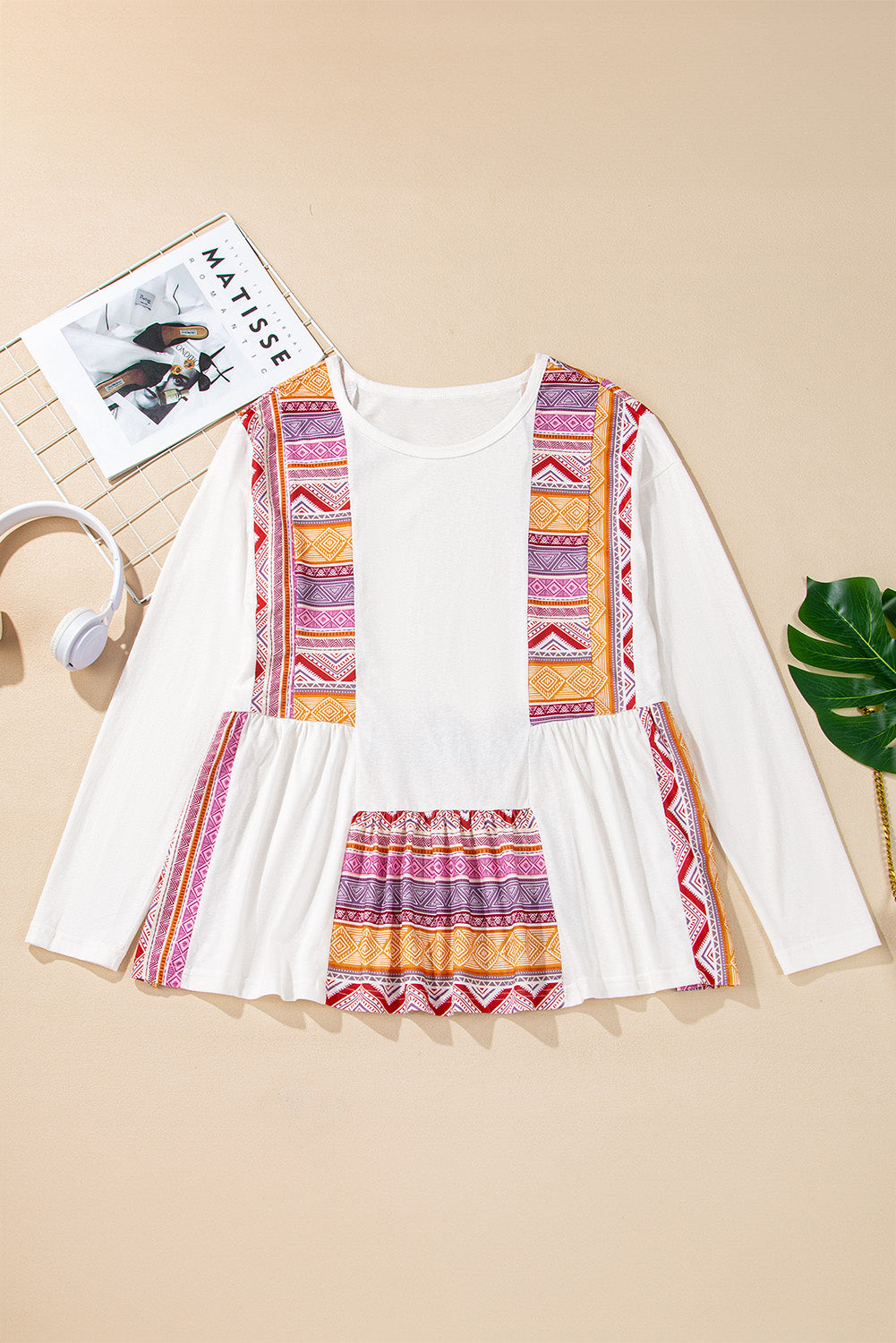 High white babydoll with long sleeves and ruffle tunic in patchwork printed western western