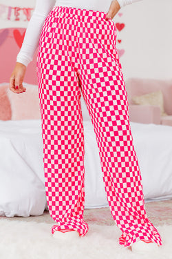 Ensemble pyjama chemise boutonnée à carreaux rose et pantalon taille haute