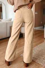 Pantalon droit beige en velours côtelé à empiècements contrastés