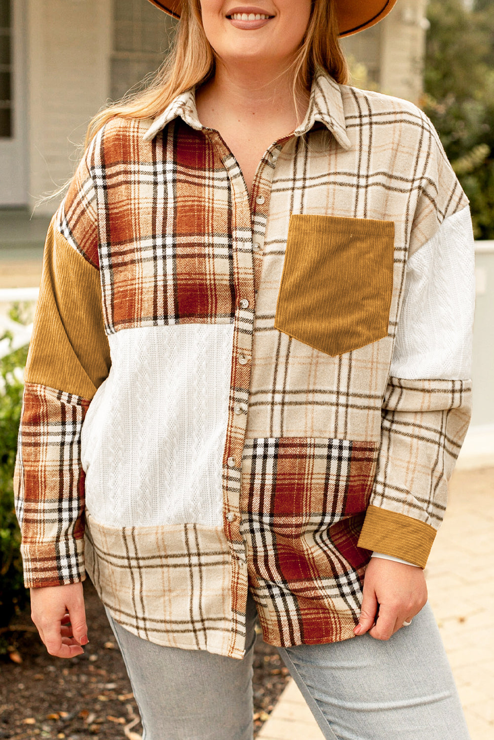 Golden Apricot Plus Size Plaid Patchwork Taste Up Shacket