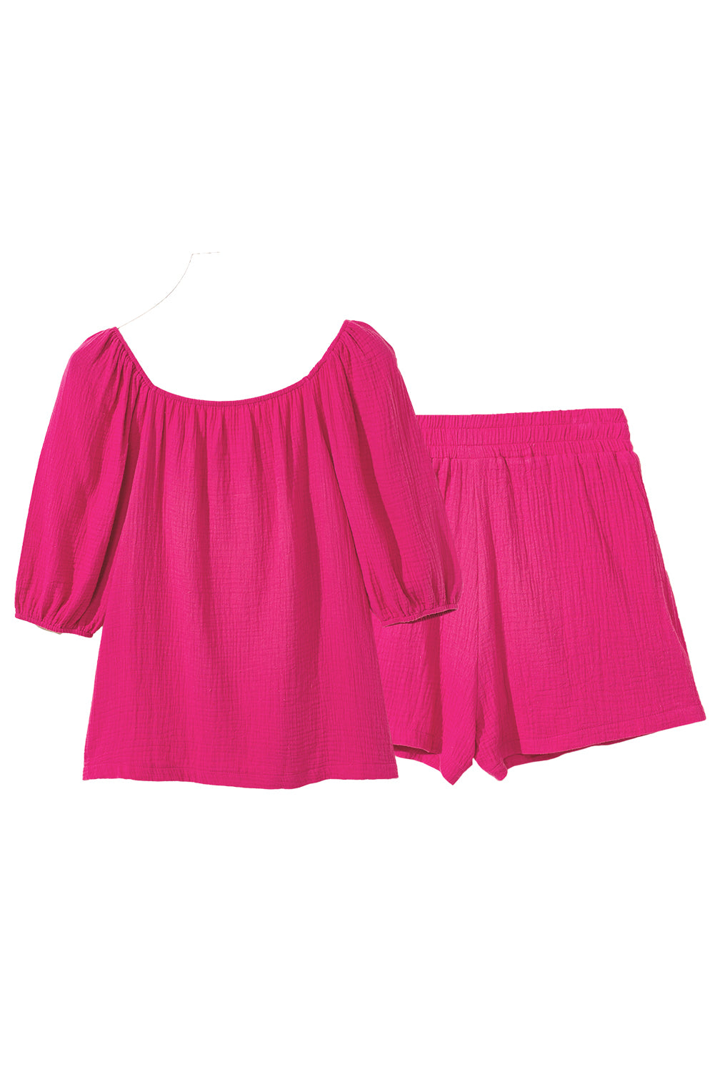 Hot Pink Textured Crinkle Puff Sleeve and Square Neck Shorts Set