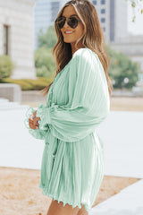 Combi-short plissée à volants et boutons à la taille, col en V, vert-A WOMAN WE LOVE