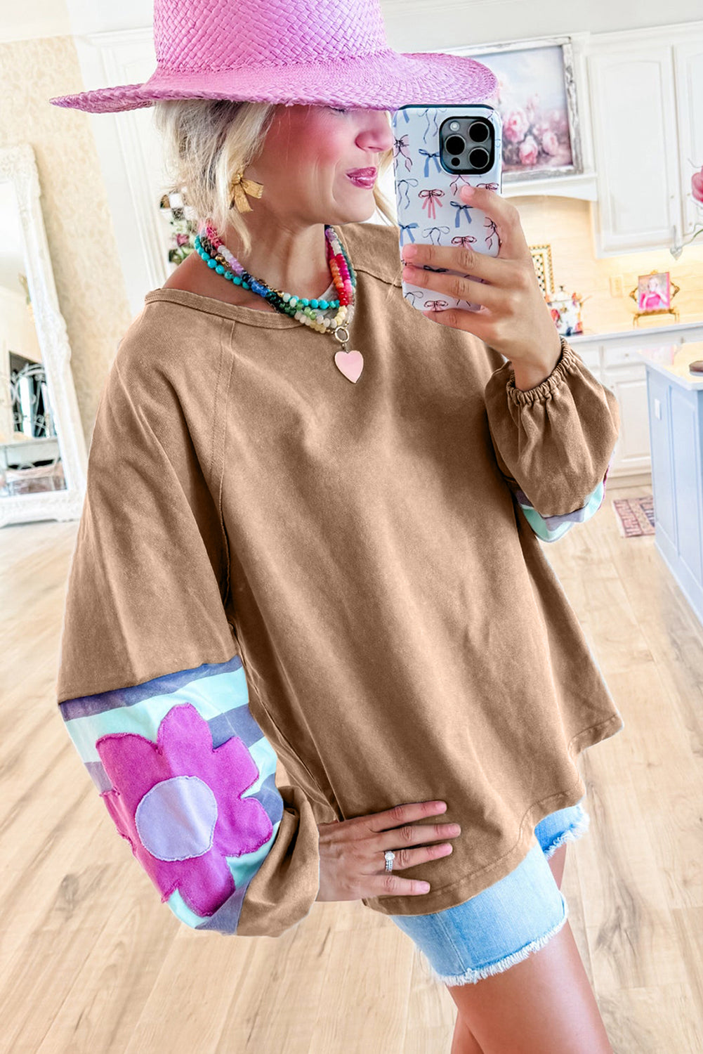 Haut oversize Dune Flower Patchwork à manches raglan et coutures apparentes