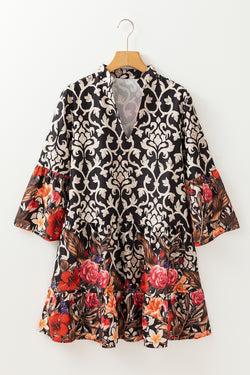 Robe trapèze noire rétro à imprimé floral mélangé et col fendu *