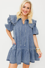 Mini-robe en jean bleu crépuscule avec poches latérales *