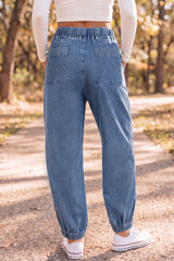 Jean sarouel bleu à taille élastiquée et cordon, longueur cheville