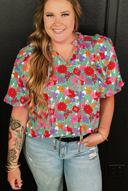 Multicolour Plus size Floral Flouffle V Neck Blobble Maniche