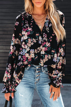 Black Mousseline Plushed Blouse Wild Flowers