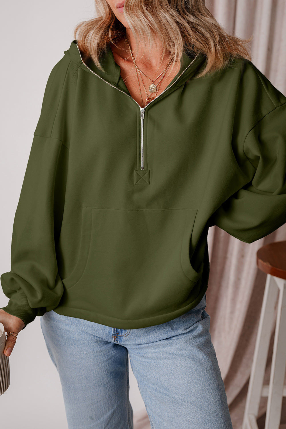 Moss Green Fleece ausgesäumt halb Reißverschluss Känguroo Taschen Loose Hoodie