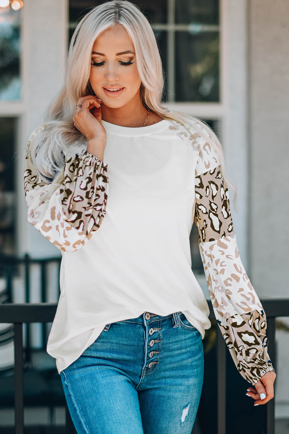 Beige Leopard Print Bubble Sleeve Top