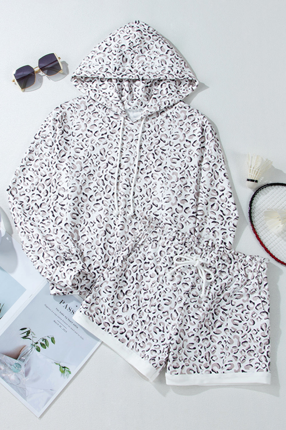 Classic White Leopard Hoodie and Shorts Set