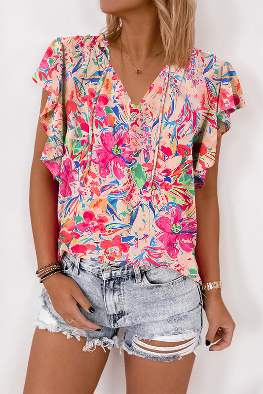 Multicolour Floral arruffato manica a V Neck Summer camicetta