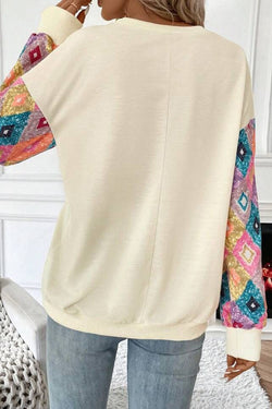 Apricot geometric print long sleeve crew neck top