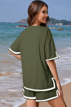 Ensemble t-shirt et short à bordure contrastée vert vignoble