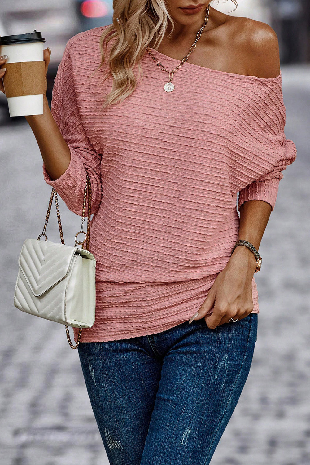 Haut à manches longues en tricot texturé vieux rose