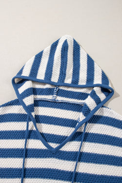 Blue Striped V-Neck Drawstring Hoodie with Pockets