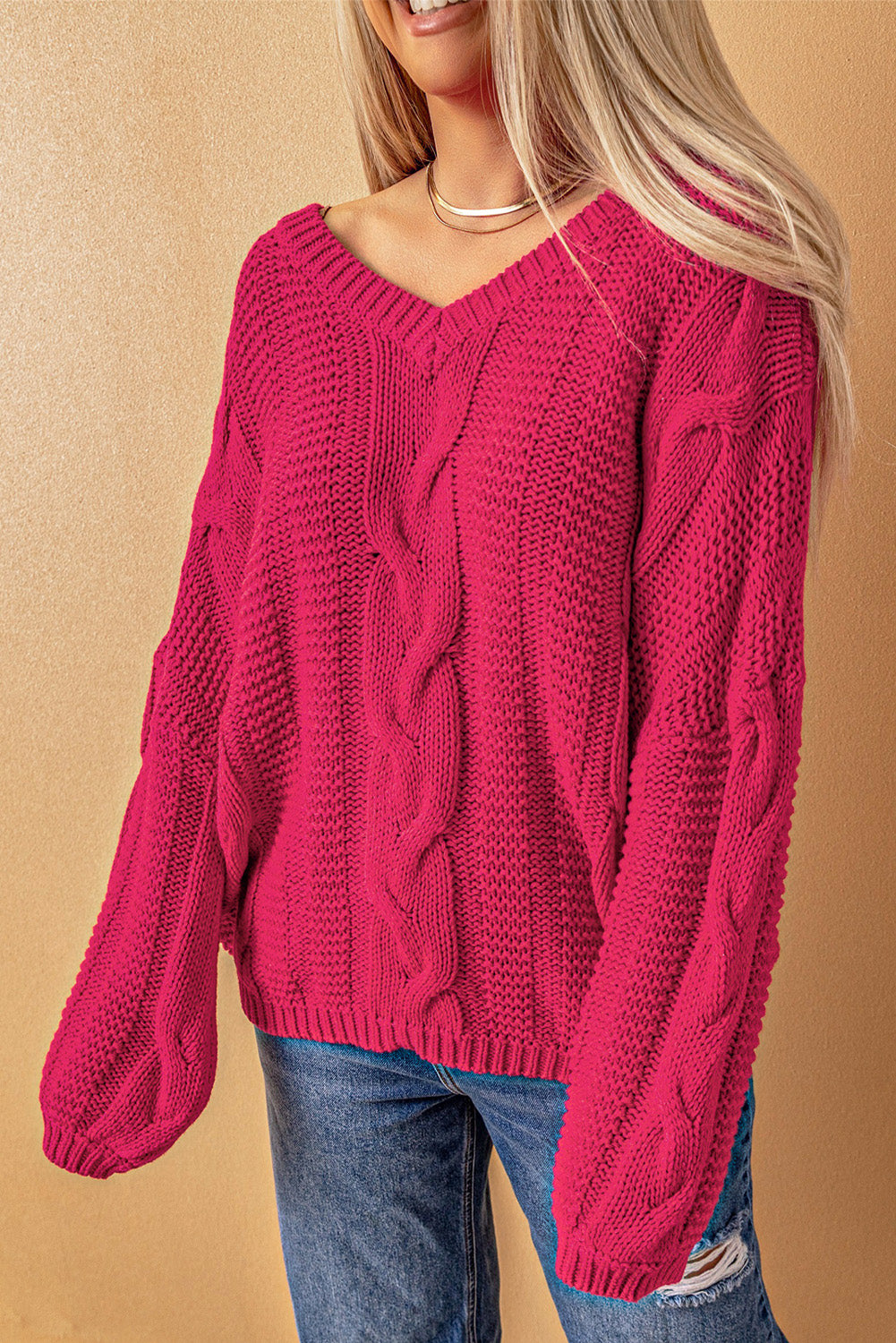 Rose Bubblegum V-Neck geflochtener Strickpullover