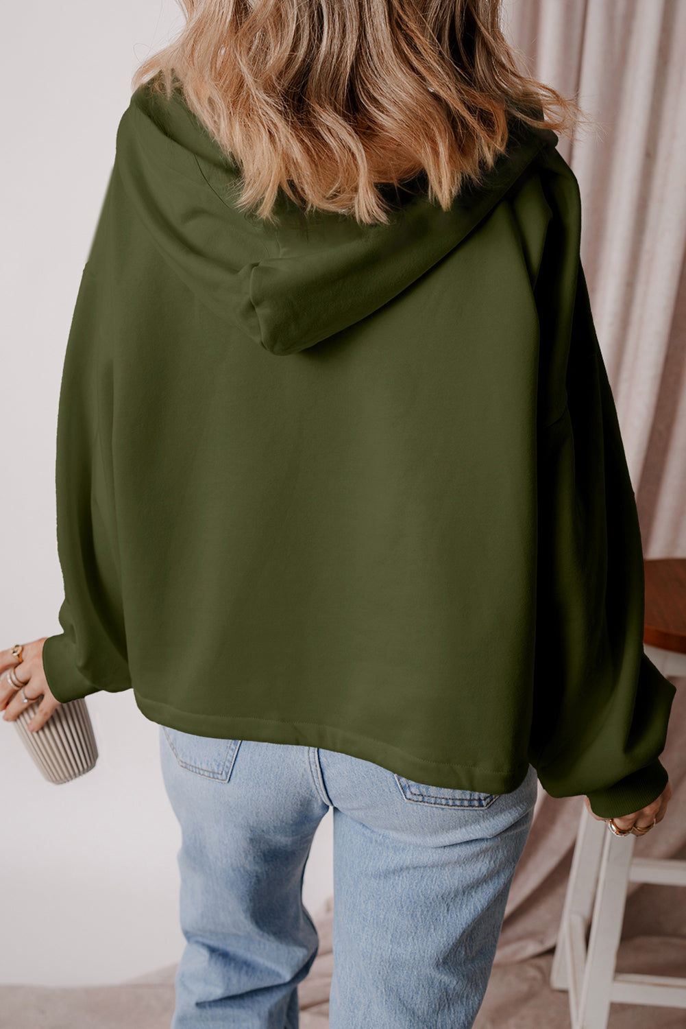 Moss Green Fleece Assegna con cappuccio di cannicaro a mezza cerniera con cappuccio sciolto