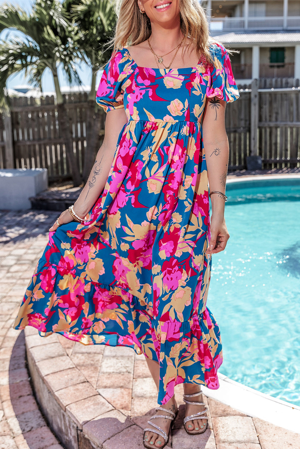 Dark Blue Floral Ruffle Bubble Sleeve Square Neck Dress