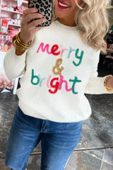 White relaxed sweater Merry & Bright with round neck