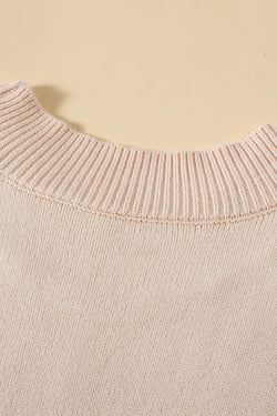 Oatmeal Plus Cable Knit Ruffle Short Sleeve Mock Neck Sweater