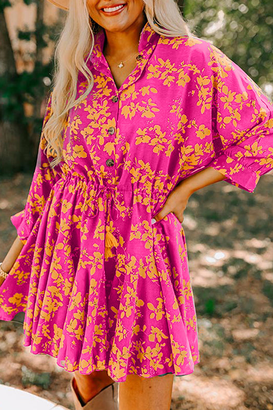 Robe courte fluide tunique à cordon de serrage imprimé floral rose