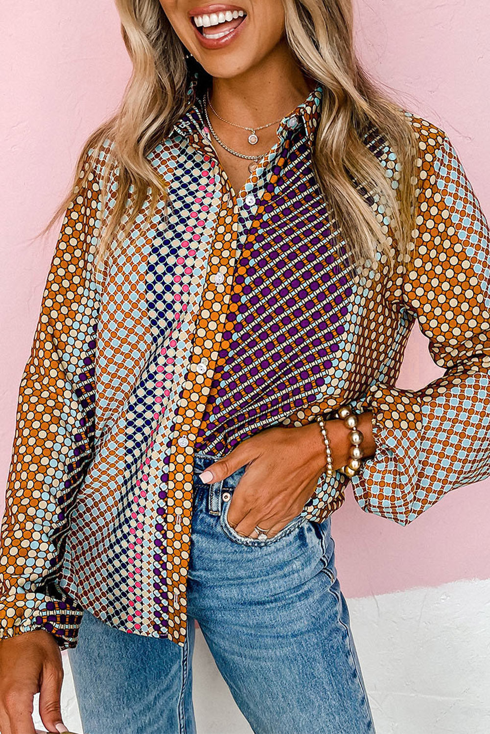 Long sleeve buttoned shirt and brown polka dot printed