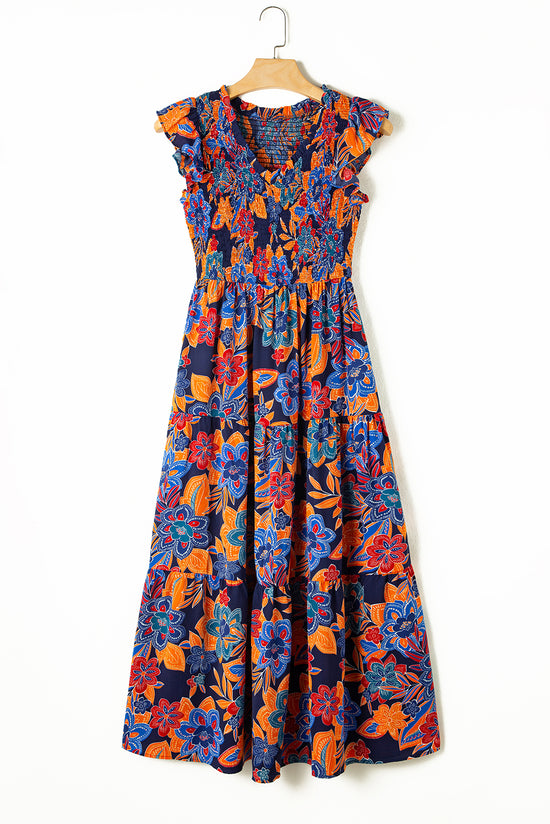 Robe longue bohème florale à col en V et volants à plusieurs niveaux bleu foncé