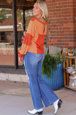 Fiery Red Studded V-Neck Textured Knit Top with Seam Detail