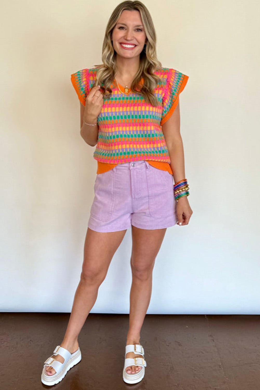 Orange Multicolor Flutter Sleeve Knitted Sweater Top