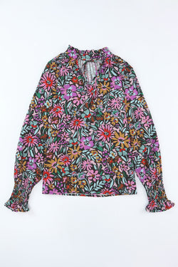 Multicolored V -collar blouse and long sleeves with ruffles and floral print