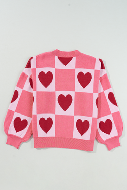 Pull de Saint-Valentin rose à manches lanternes et col montant en bloc de cœur d'amour de grande taille