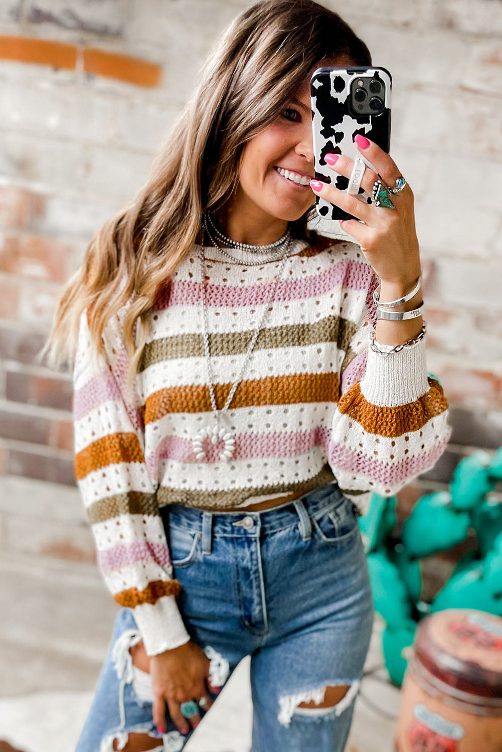 Multicolor Striped Hollowed Knitted Loose Sweater