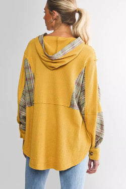 Yellow Henley Hoodie with Pockets and Waffle Knit Plaid Patchwork