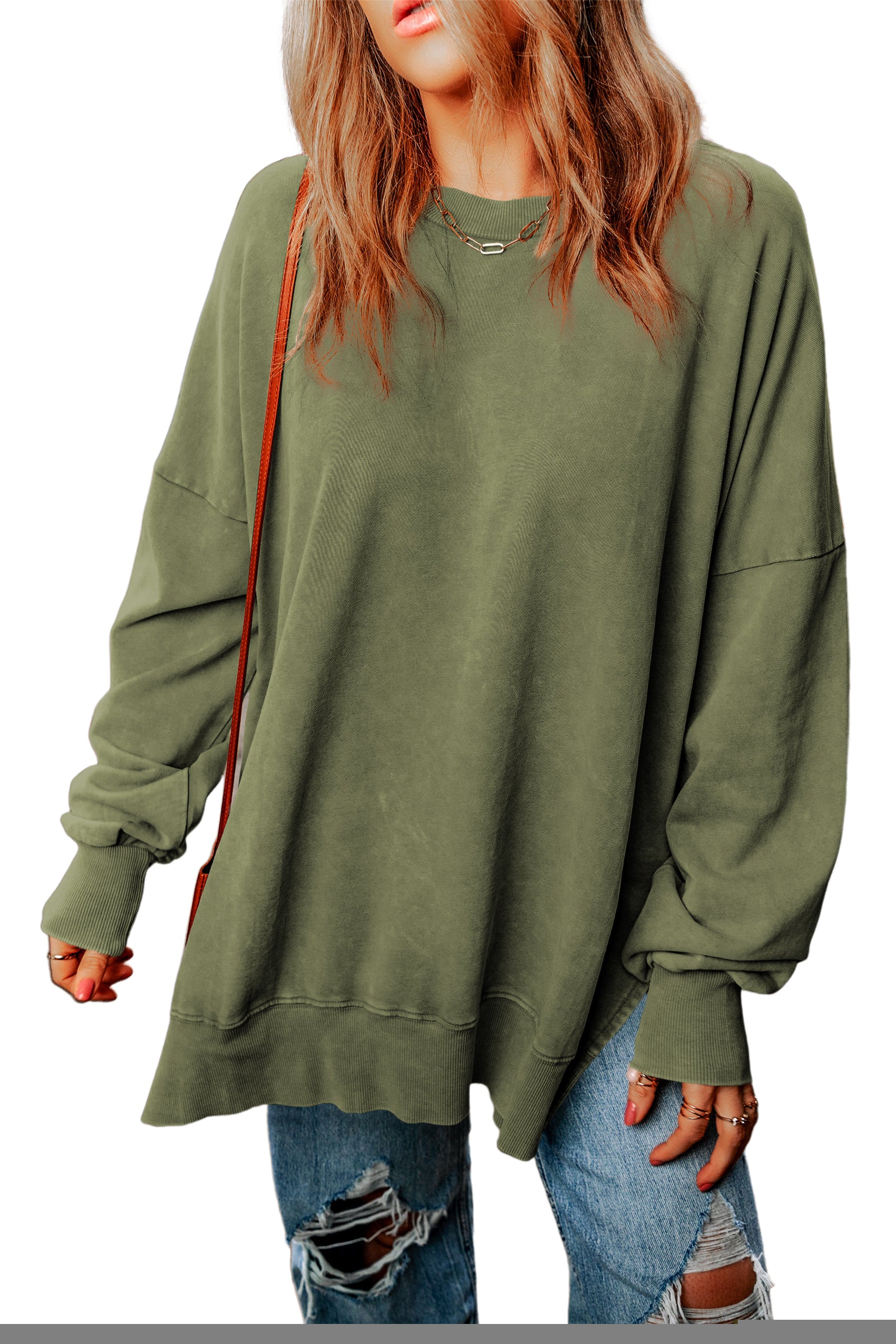 Sudadera verde de gran tamaño de gran tamaño con transbordadora y borde acanalado