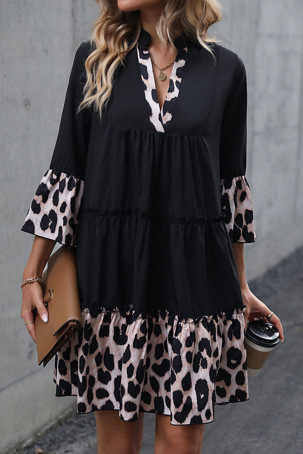 Black Leopard Trim V Neck Ruffled Sleeve Flared Dress