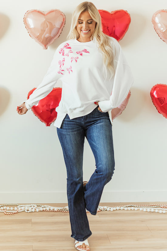 White Oversized Sequin Sweatshirt with Bow Tie, Top and Bottom