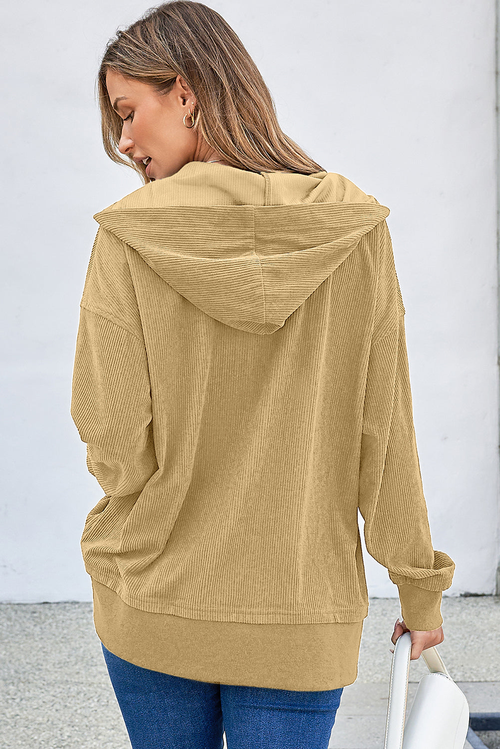 Einfach Taupe Massive gerippte Strick -Knopftropfen Schulter übergroße Hoodie